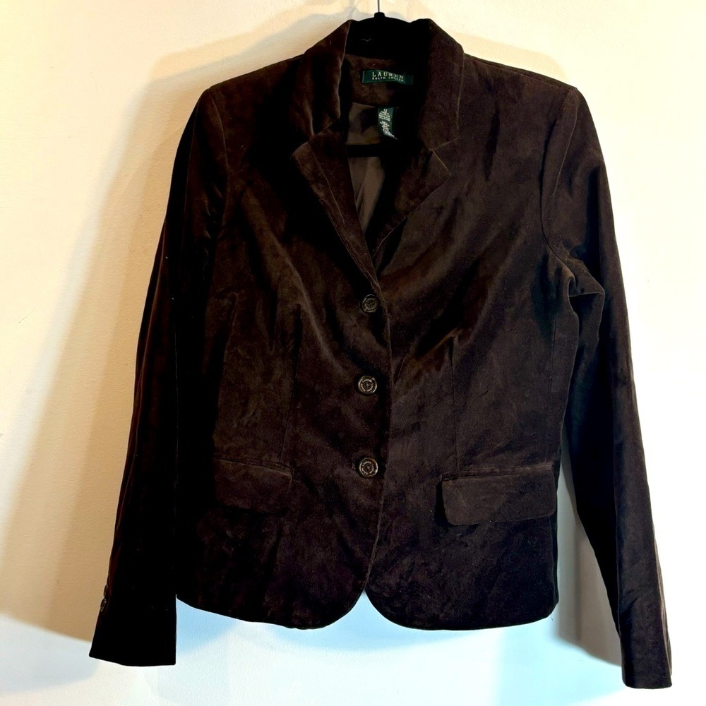 LAUREN RALPH LAUREN Sz 12 Brown Velvet Blazer 100% Cotton Light Shoulder Pads
